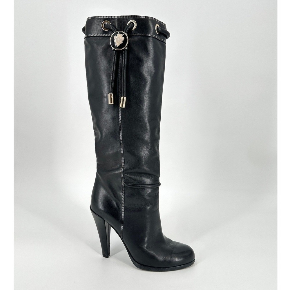 Gucci Black Leather Tall Knee‎ High Boots Drawstring Crest Medallion 37